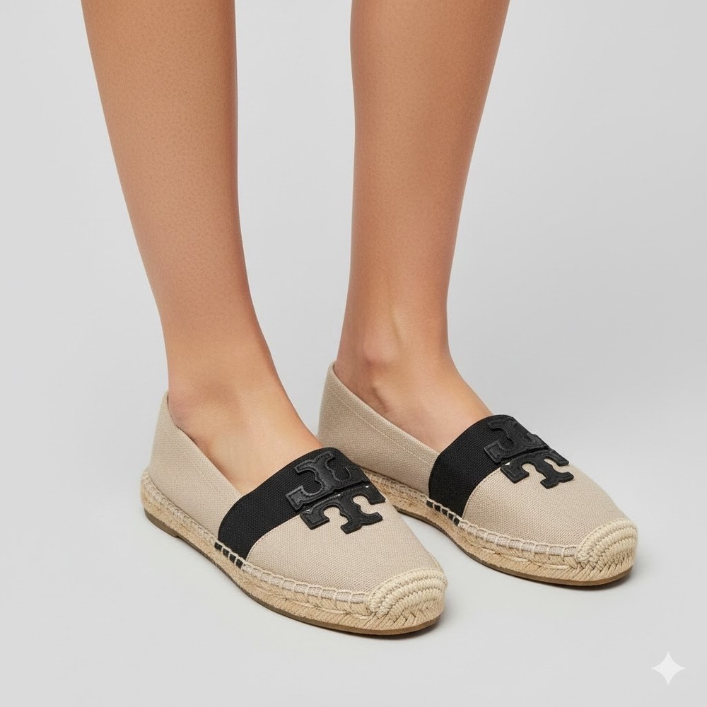 Tory Burch‎ Espadrille Flats Beige Canvas Black Logo Size 6